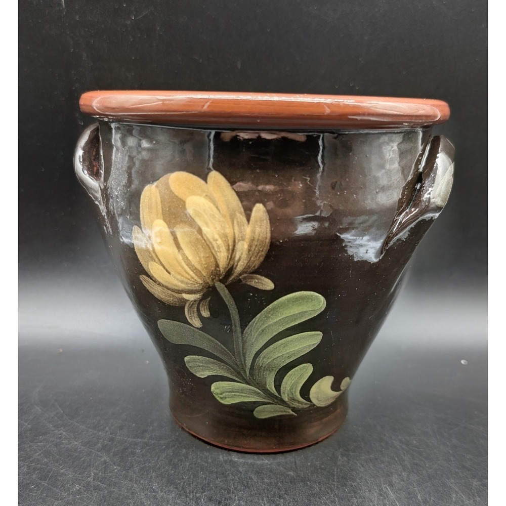 Eldreth Pottery Redware Floral Crock Manganese Glaze Hand Painted PA Dutch 6"